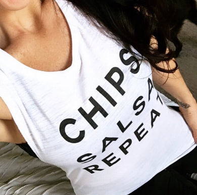 Chips Salsa Repeat Flowy Scoop Muscle Tank - Wake Slay Repeat