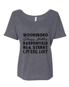 Horror Cities Woodsboro Sleepy Hollow Haddonfield Elm Street Crystal Lake Slouchy Tee - Wake Slay Repeat