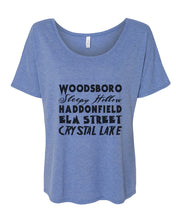 Load image into Gallery viewer, Horror Cities Woodsboro Sleepy Hollow Haddonfield Elm Street Crystal Lake Slouchy Tee - Wake Slay Repeat