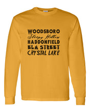 Load image into Gallery viewer, Horror Cities Woodsboro Sleepy Hollow Haddonfield Elm Street Crystal Lake Unisex Long Sleeve T Shirt - Wake Slay Repeat