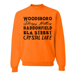Horror Cities Woodsboro Sleepy Hollow Haddonfield Elm Street Crystal Lake Unisex Sweatshirt - Wake Slay Repeat