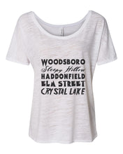 Load image into Gallery viewer, Horror Cities Woodsboro Sleepy Hollow Haddonfield Elm Street Crystal Lake Slouchy Tee - Wake Slay Repeat