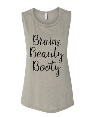 Brains, Beauty, Booty Fitted Scoop Muscle Tank - Wake Slay Repeat