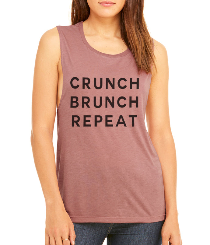 Crunch Brunch Repeat Women's Workout Flowy Scoop Muscle Tank - Wake Slay Repeat