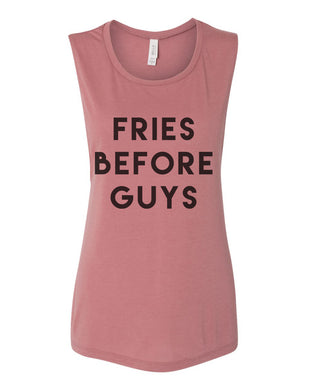Fries Before Guys Workout Flowy Scoop Muscle Tank - Wake Slay Repeat