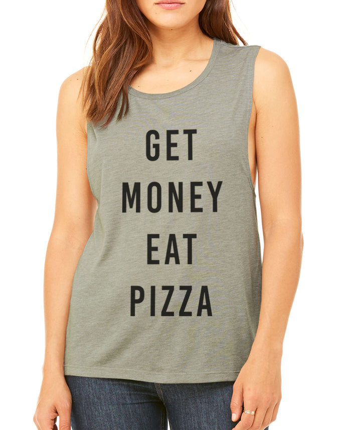 Get Money Eat Pizza Flowy Scoop Muscle Women's Workout Tank - Wake Slay Repeat