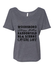 Load image into Gallery viewer, Horror Cities Woodsboro Sleepy Hollow Haddonfield Elm Street Crystal Lake Slouchy Tee - Wake Slay Repeat