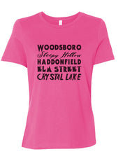 Load image into Gallery viewer, Horror Cities Woodsboro Sleepy Hollow Haddonfield Elm Street Crystal Lake Fitted Women&#39;s T Shirt - Wake Slay Repeat