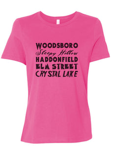 Horror Cities Woodsboro Sleepy Hollow Haddonfield Elm Street Crystal Lake Fitted Women's T Shirt - Wake Slay Repeat
