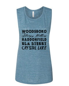 Horror Cities Woodsboro Sleepy Hollow Haddonfield Elm Street Crystal Lake Fitted Muscle Tank - Wake Slay Repeat
