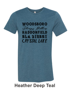 Horror Cities Woodsboro Sleepy Hollow Haddonfield Elm Street Crystal Lake Unisex Short Sleeve T Shirt - Wake Slay Repeat