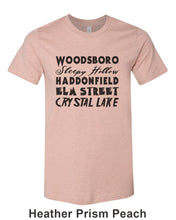 Load image into Gallery viewer, Horror Cities Woodsboro Sleepy Hollow Haddonfield Elm Street Crystal Lake Unisex Short Sleeve T Shirt - Wake Slay Repeat