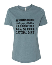 Load image into Gallery viewer, Horror Cities Woodsboro Sleepy Hollow Haddonfield Elm Street Crystal Lake Fitted Women&#39;s T Shirt - Wake Slay Repeat