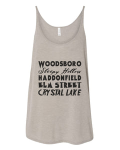 Horror Cities Woodsboro Sleepy Hollow Haddonfield Elm Street Crystal Lake Slouchy Tank - Wake Slay Repeat