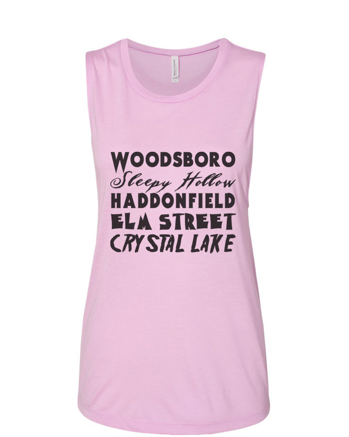 Horror Cities Woodsboro Sleepy Hollow Haddonfield Elm Street Crystal Lake Fitted Muscle Tank - Wake Slay Repeat