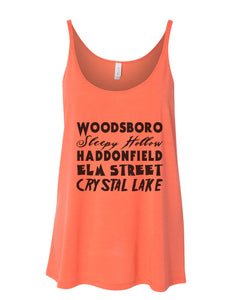 Horror Cities Woodsboro Sleepy Hollow Haddonfield Elm Street Crystal Lake Slouchy Tank - Wake Slay Repeat