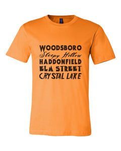 Horror Cities Woodsboro Sleepy Hollow Haddonfield Elm Street Crystal Lake Orange Unisex T Shirt - Wake Slay Repeat
