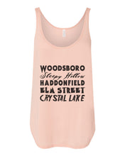 Load image into Gallery viewer, Horror Cities Woodsboro Sleepy Hollow Haddonfield Elm Street Crystal Lake Flowy Side Slit Tank Top - Wake Slay Repeat