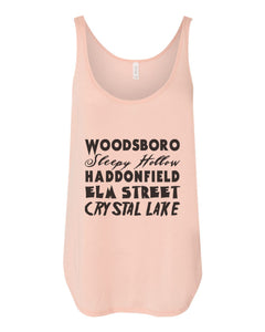 Horror Cities Woodsboro Sleepy Hollow Haddonfield Elm Street Crystal Lake Flowy Side Slit Tank Top - Wake Slay Repeat