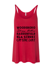 Load image into Gallery viewer, Horror Cities Woodsboro Sleepy Hollow Haddonfield Elm Street Crystal Lake Slouchy Tank - Wake Slay Repeat