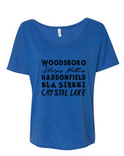 Load image into Gallery viewer, Horror Cities Woodsboro Sleepy Hollow Haddonfield Elm Street Crystal Lake Slouchy Tee - Wake Slay Repeat
