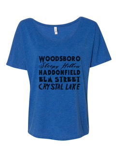 Horror Cities Woodsboro Sleepy Hollow Haddonfield Elm Street Crystal Lake Slouchy Tee - Wake Slay Repeat