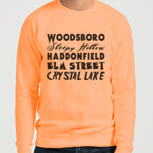 Load image into Gallery viewer, Horror Cities Woodsboro Sleepy Hollow Haddonfield Elm Street Crystal Lake Unisex Sweatshirt - Wake Slay Repeat