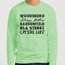 Load image into Gallery viewer, Horror Cities Woodsboro Sleepy Hollow Haddonfield Elm Street Crystal Lake Unisex Sweatshirt - Wake Slay Repeat