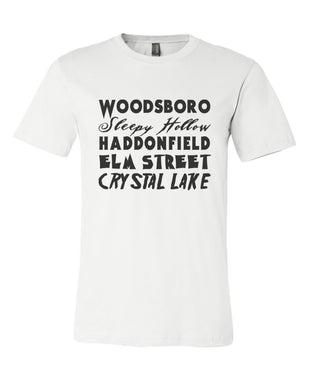 Horror Cities Woodsboro Sleepy Hollow Haddonfield Elm Street Crystal Lake Unisex Short Sleeve T Shirt - Wake Slay Repeat