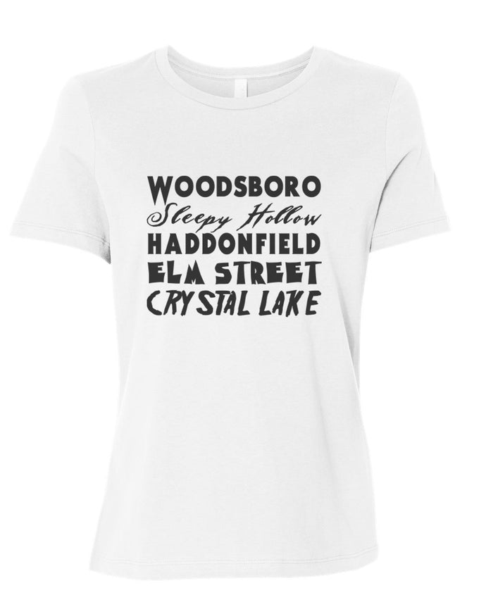 Horror Cities Woodsboro Sleepy Hollow Haddonfield Elm Street Crystal Lake Fitted Women's T Shirt - Wake Slay Repeat