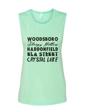 Load image into Gallery viewer, Horror Cities Woodsboro Sleepy Hollow Haddonfield Elm Street Crystal Lake Fitted Muscle Tank - Wake Slay Repeat