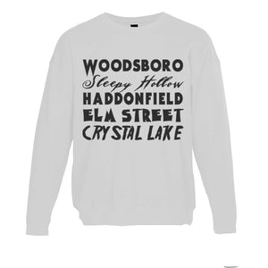 Horror Cities Woodsboro Sleepy Hollow Haddonfield Elm Street Crystal Lake Unisex Sweatshirt - Wake Slay Repeat
