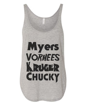 Load image into Gallery viewer, Horror Movie Names Myers Vorhees Kruger Chucky Flowy Side Slit Tank Top - Wake Slay Repeat