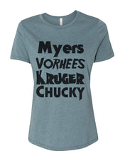 Load image into Gallery viewer, Horror Movie Names Myers Vorhees Kruger Chucky Fitted Women&#39;s T Shirt - Wake Slay Repeat