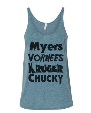 Horror Movie Names Myers Vorhees Kruger Chucky Slouchy Tank - Wake Slay Repeat