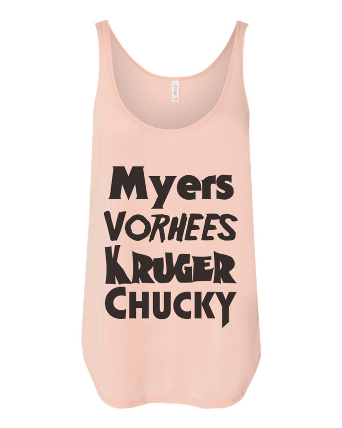 Horror Movie Names Myers Vorhees Kruger Chucky Flowy Side Slit Tank Top - Wake Slay Repeat