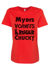 Load image into Gallery viewer, Horror Movie Names Myers Vorhees Kruger Chucky Fitted Women&#39;s T Shirt - Wake Slay Repeat