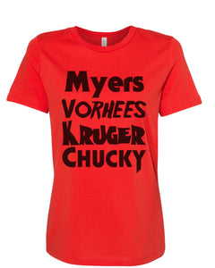 Horror Movie Names Myers Vorhees Kruger Chucky Fitted Women's T Shirt - Wake Slay Repeat