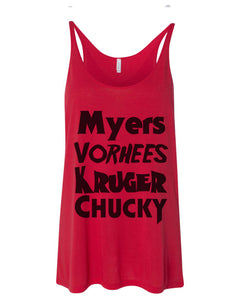 Horror Movie Names Myers Vorhees Kruger Chucky Slouchy Tank - Wake Slay Repeat
