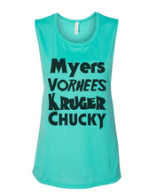 Load image into Gallery viewer, Horror Movie Names Myers Vorhees Kruger Chucky Fitted Muscle Tank - Wake Slay Repeat