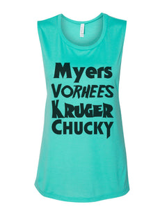 Horror Movie Names Myers Vorhees Kruger Chucky Fitted Muscle Tank - Wake Slay Repeat