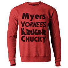 Load image into Gallery viewer, Horror Movie Names Myers Vorhees Kruger Chucky Unisex Sweatshirt - Wake Slay Repeat