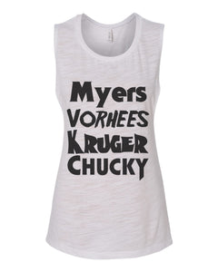 Horror Movie Names Myers Vorhees Kruger Chucky Fitted Muscle Tank - Wake Slay Repeat