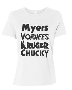 Horror Movie Names Myers Vorhees Kruger Chucky Fitted Women's T Shirt - Wake Slay Repeat