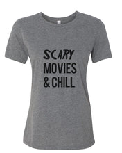 Load image into Gallery viewer, Scary Movies &amp; Chill Fitted Women&#39;s T Shirt - Wake Slay Repeat