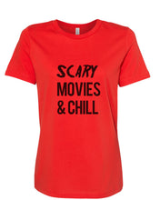 Load image into Gallery viewer, Scary Movies &amp; Chill Fitted Women&#39;s T Shirt - Wake Slay Repeat