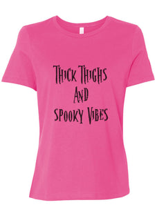 Thick Thighs And Spooky Vibes Fitted Women's T Shirt - Wake Slay Repeat