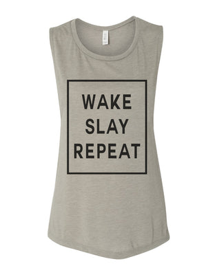 Wake Slay Repeat Women's Workout Flowy Scoop Muscle Tank - Wake Slay Repeat