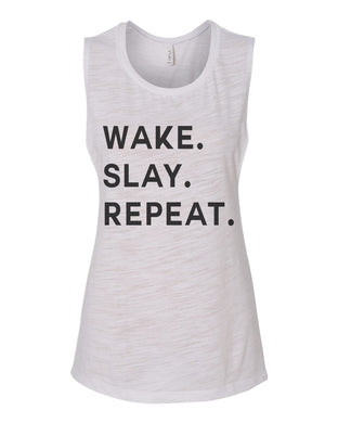 Wake Slay Repeat Period Women's Workout Flowy Scoop Muscle Tank - Wake Slay Repeat