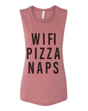 Wifi Pizza Naps Workout Flowy Scoop Muscle Tank - Wake Slay Repeat